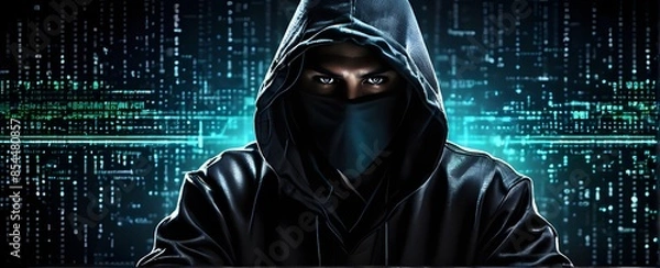 Fototapeta Hooded Hacker in Action Banner, dark web concept