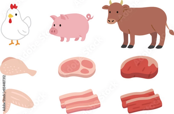 Obraz シンプルな食肉と動物のイラストセット。鶏肉、豚肉、牛肉