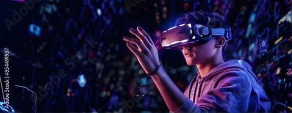 Fototapeta Teenagers Having Fun Playing VR Virtual Reality Glasses Sport Game in 3D Cyberspace Metaverse Digital World with Futuristic Augmented Reality