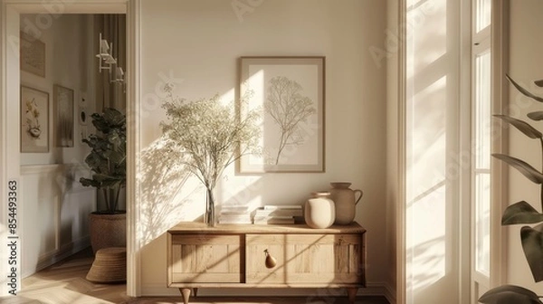 Fototapeta Sunlight streams through a window, illuminating a minimalist living room with wooden furniture, natural plants, and a framed botanical print.