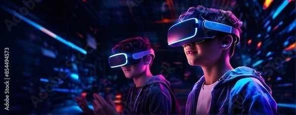 Fototapeta Teenagers Having Fun Playing VR Virtual Reality Glasses Sport Game in 3D Cyberspace Metaverse Digital World with Futuristic Augmented Reality