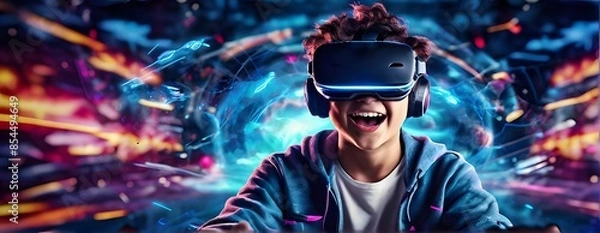Fototapeta Teenagers Having Fun Playing VR Virtual Reality Glasses Sport Game in 3D Cyberspace Metaverse Digital World with Futuristic Augmented Reality