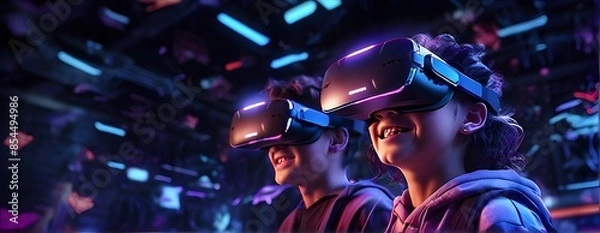 Fototapeta Teenagers Having Fun Playing VR Virtual Reality Glasses Sport Game in 3D Cyberspace Metaverse Digital World with Futuristic Augmented Reality
