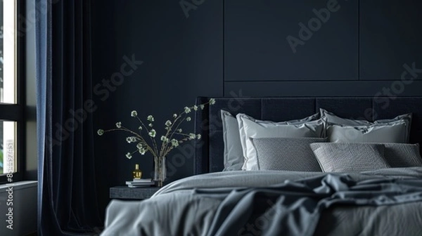 Fototapeta A stylish bedroom interior with a large bed featuring plush gray bedding, pillows, and a navy headboard. The room has a modern aesthetic with a blue wall and sheer curtains.