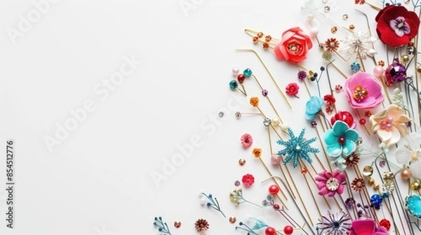 Fototapeta Colorful pins and hair accessories on white background with space for text