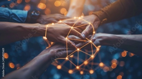 Obraz Interconnected Hands With Golden Network