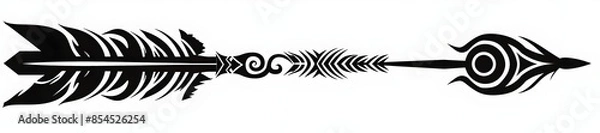 Fototapeta Black Tribal Arrow with Spiral in Minimal Style on White Background