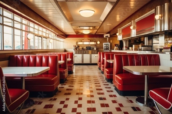 Fototapeta White - red retro american diner empty architecture restaurant cafeteria.