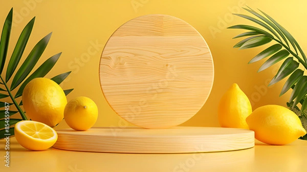 Obraz Background lemon podium product fruit platform cosmetic scene display citrus yellow. Podium lemon vitamin stand background pedestal presentation food stage summer juice c beauty dry natural wood drink