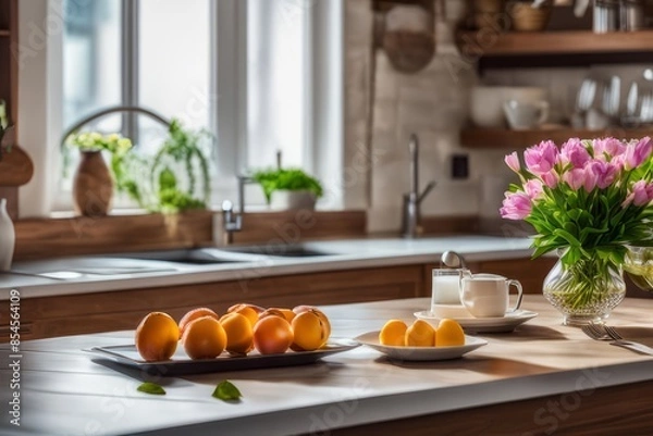 Fototapeta Inviting kitchen setting adorned with fresh flowers during breakfast.