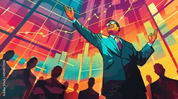Fototapeta Confident Business Leader with Growth Chart - Vibrant Illustration of Successful Entrepreneur Standing in Front of Digital Screen Showing Business Expansion