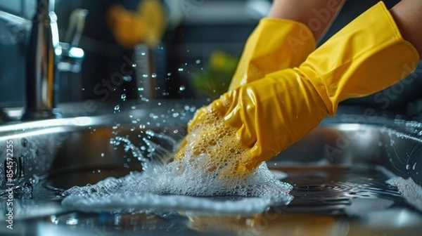 Fototapeta Person with yellow gloves scrubbing a kitchen sink, soap suds and clean water, sparkling cleanliness, close-up shot