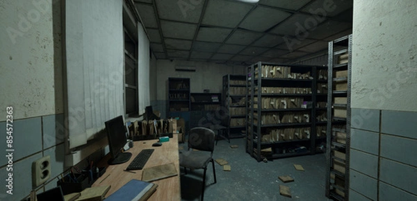 Fototapeta A 3D illustration of an abandoned hospital office, dimly lit with scattered papers, monitors, and shelving with files.