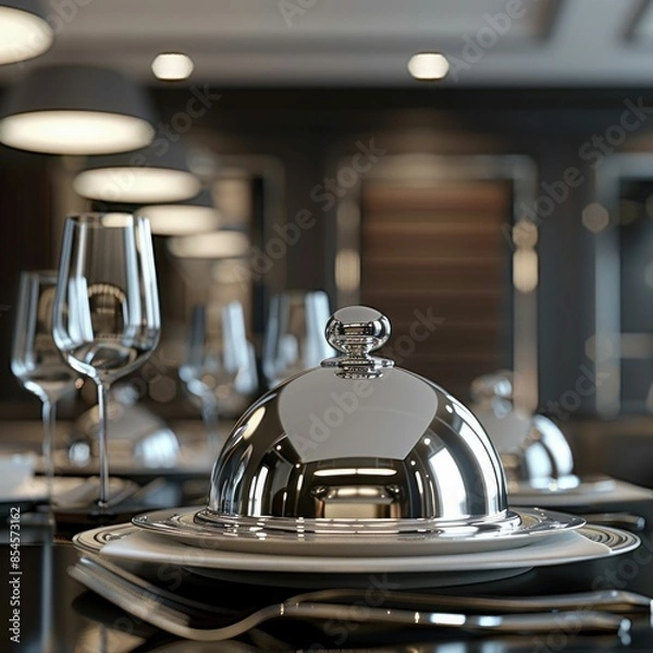 Fototapeta Luxurious Restaurant Table Setting with Silver Cloche. Generative ai