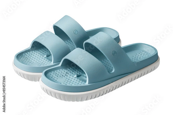 Fototapeta Comfortable blue slip-on sandals with textured insole and double strap design, perfect for casual wear or outdoor activities.
