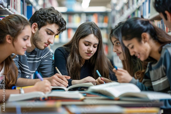 Obraz Group of students studying together in a library