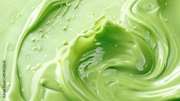 Fototapeta Flowing green matcha green tea on white background. Flowing liquid of green drink.