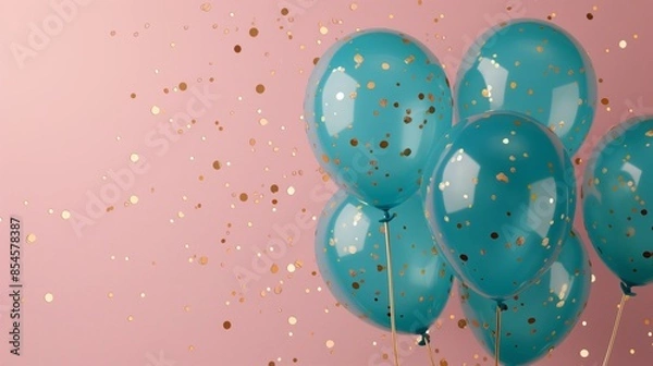 Fototapeta Turquoise Balloons with Gold Confetti on Pink Background. Ideal for birthday celebrations and party invitations.