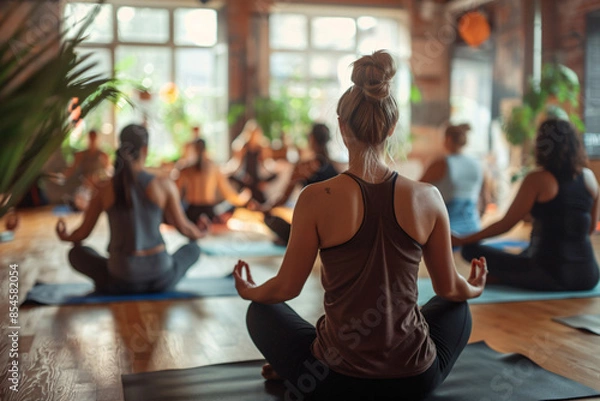 Obraz Yoga class in a spacious studio diverse participants 