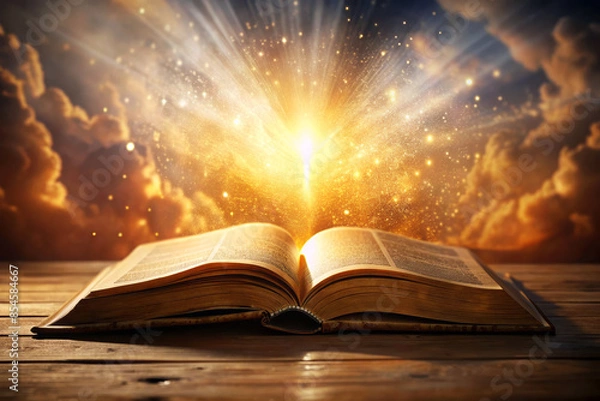 Fototapeta Open Bible with radiant light beams and glowing particles, symbolizing divine inspiration and spiritual enlightenment.