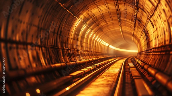 Fototapeta A subterranean tunnel, presumably a railway or metro tunnel. The tunnel is illuminated by a series of lights along its curved walls, casting a warm, golden hue.