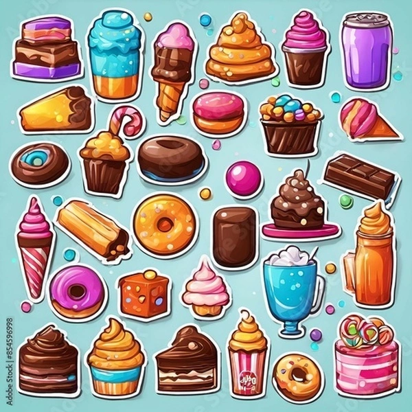 Obraz Dessert illustrations include donuts, ice cream, cakes.