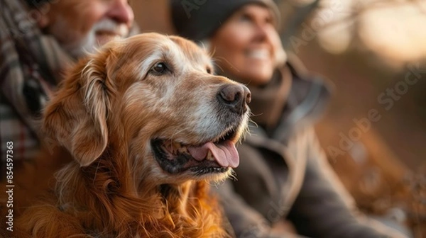 Fototapeta Happy Family Hiking with Golden Retrievers in Autumn