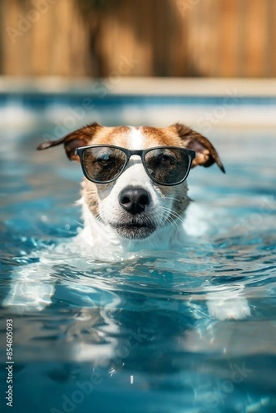 Fototapeta Stylish dog wearing sunglasses, enjoying a swim in the pool on a sunny day. Perfect for summer, fun, and pet-themed projects.
