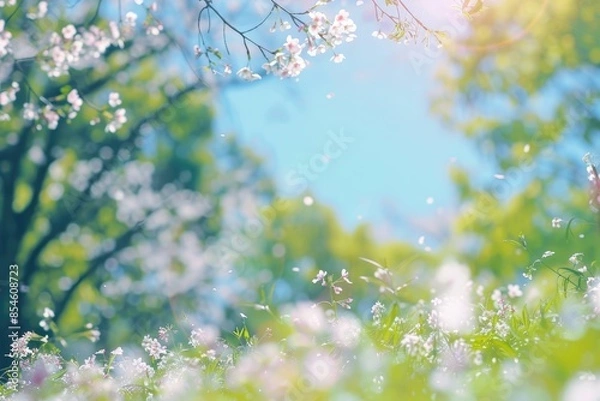 Fototapeta Beautiful blurred spring background nature with blooming glade, trees and blue sky on a sunny day