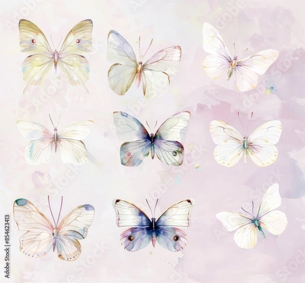 Fototapeta Featuring four lovely white butterflies Pieris napi in different poses fluttering on a white background with black spots and streaks.