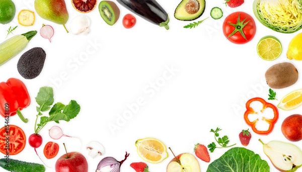 Obraz Frame with different fruits and vegetables isolated on white background. Copy space, top view