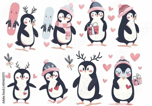 Obraz Modern illustration of cute penguins in the winter, isolated on white.