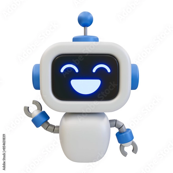 Fototapeta 3D illustration of a cheerful robot mascot with blue accents and a smiling face, representing technology and friendly AI design.