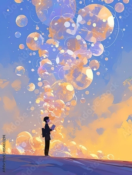 Fototapeta Cartoon illustration of the graduation season poster for the college entrance examination, with students standing in front of colorful balloons and bubbles
