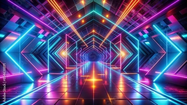 Fototapeta Vibrant futuristic digital abstract 3d background with modern geometric shapes and neon lights, featuring a dynamic futuristic design with ample copy space for text overlay.