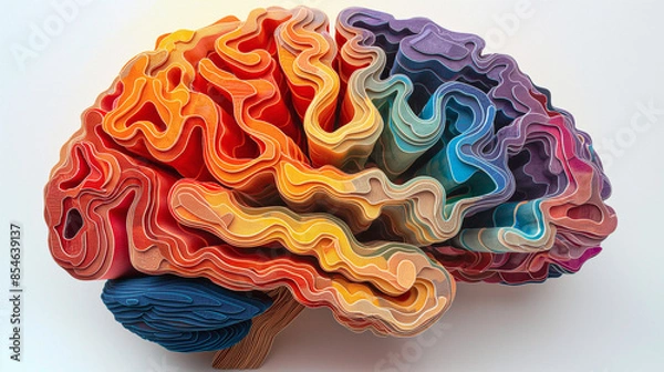 Fototapeta Colorful Human Brain Model Carved of Wood. Smart Idea, Creative Self Expression, Happiness, Mental Health. Psychology, Art Therapy. Decor, Interactive Toy, Anatomy School Class, Handmade DIY Hobby 