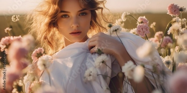 Fototapeta A beautiful young woman stands amidst a vibrant field of flowers, perfect for lifestyle and editorial use