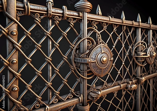 Obraz セキュリティの概念で閉ざされた鉄格子の扉と鉄の柵のイラスト