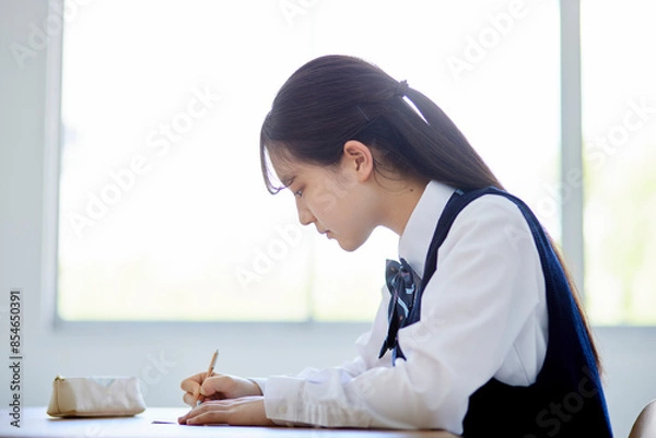 Fototapeta 学校の教室で授業を受ける制服を着た高校生の女性
