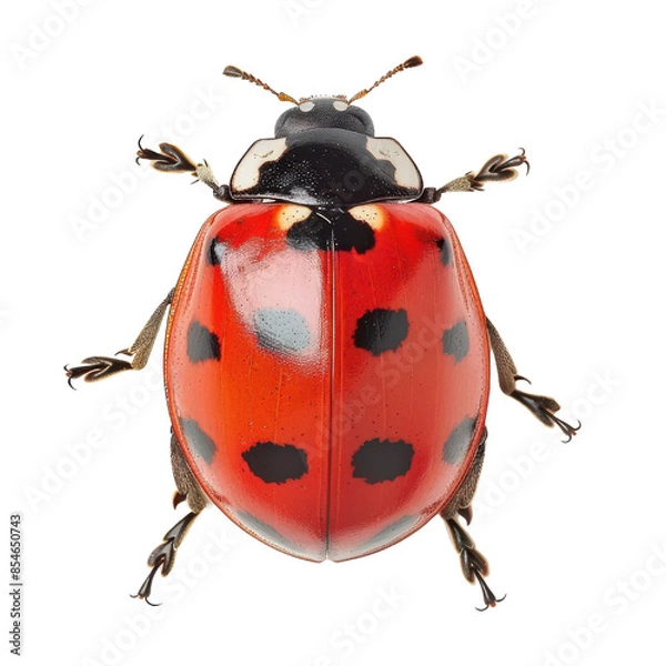 Fototapeta A close-up view of a ladybug with red wings and black spots. isolated on a white background.