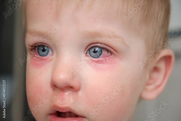 Obraz Red swollen eyes from conjunctivitis child, ill allergic eyes in babies. Close-up of a baby with conjunctivitis