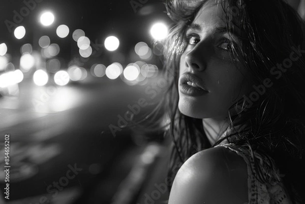 Fototapeta A black and white photo of a woman with long hair, suitable for use in a historical or vintage-themed project