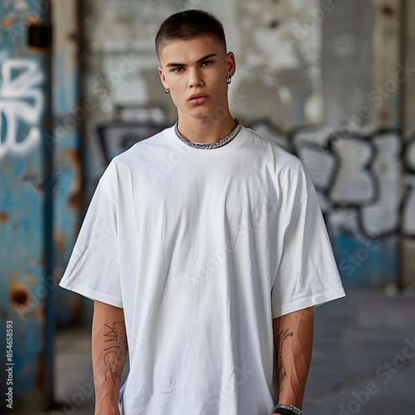 Fototapeta Man model using oversize white round collar t-shirt with minimalist industrial background Generative AI