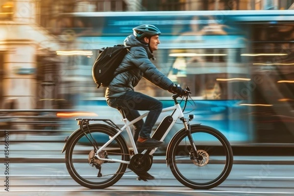 Obraz A man in a city rides an electric bike on a bike lane, wearing a helmet and backpack, with blurred background to show his speed and motion