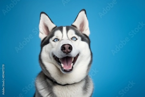 Fototapeta Portrait of a smiling siberian husky on soft blue background