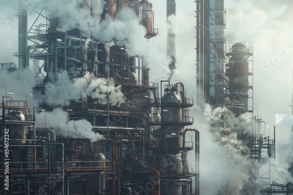 Fototapeta Factory with large carbon footprint due to inefficient energy use and outdated technology, affecting air quality.