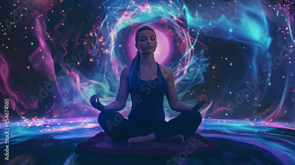 Fototapeta Illustration of a woman meditating in a mystical environment. 