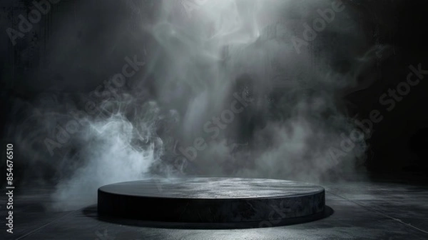 Fototapeta Podium black dark smoke background product platform abstract stage texture fog spotlight. Dark black floor podium dramatic empty night room table concrete wall scene place display studio smoky dust