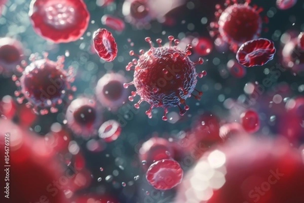 Fototapeta Macroscopic view of white blood cells mobilizing to attack virus cells, illustrating the immune system's role in protecting the body from infectious diseases.