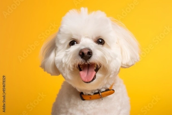 Obraz Portrait of a happy bichon frise isolated in soft yellow background